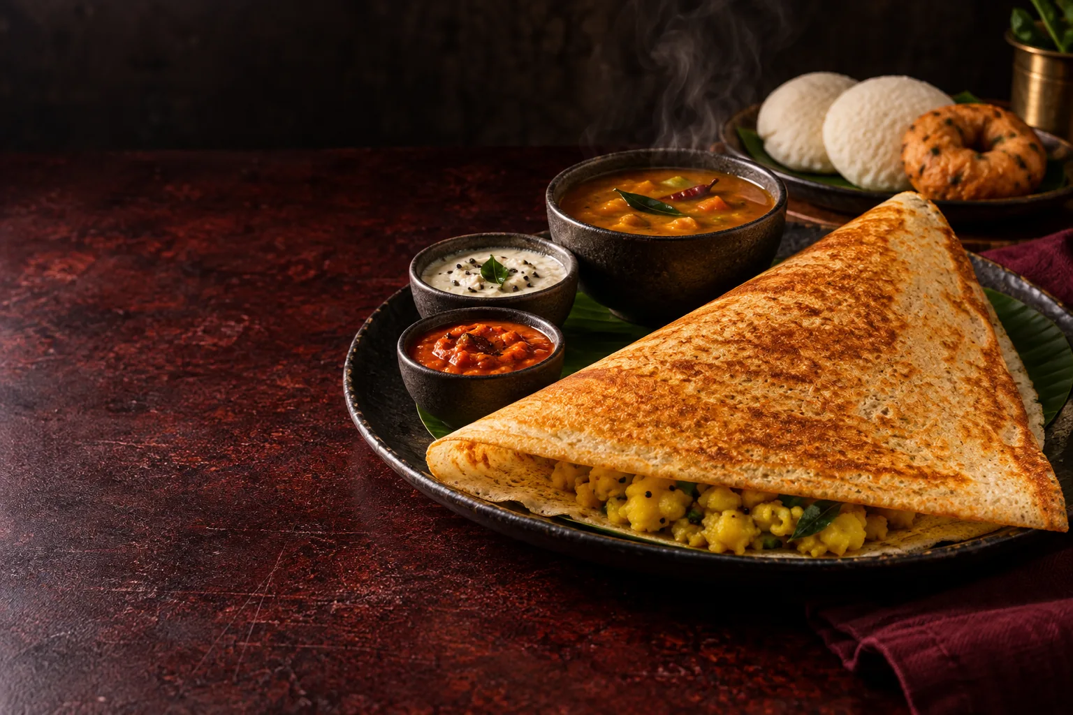 Crisp dosa served with sambar and chutneys